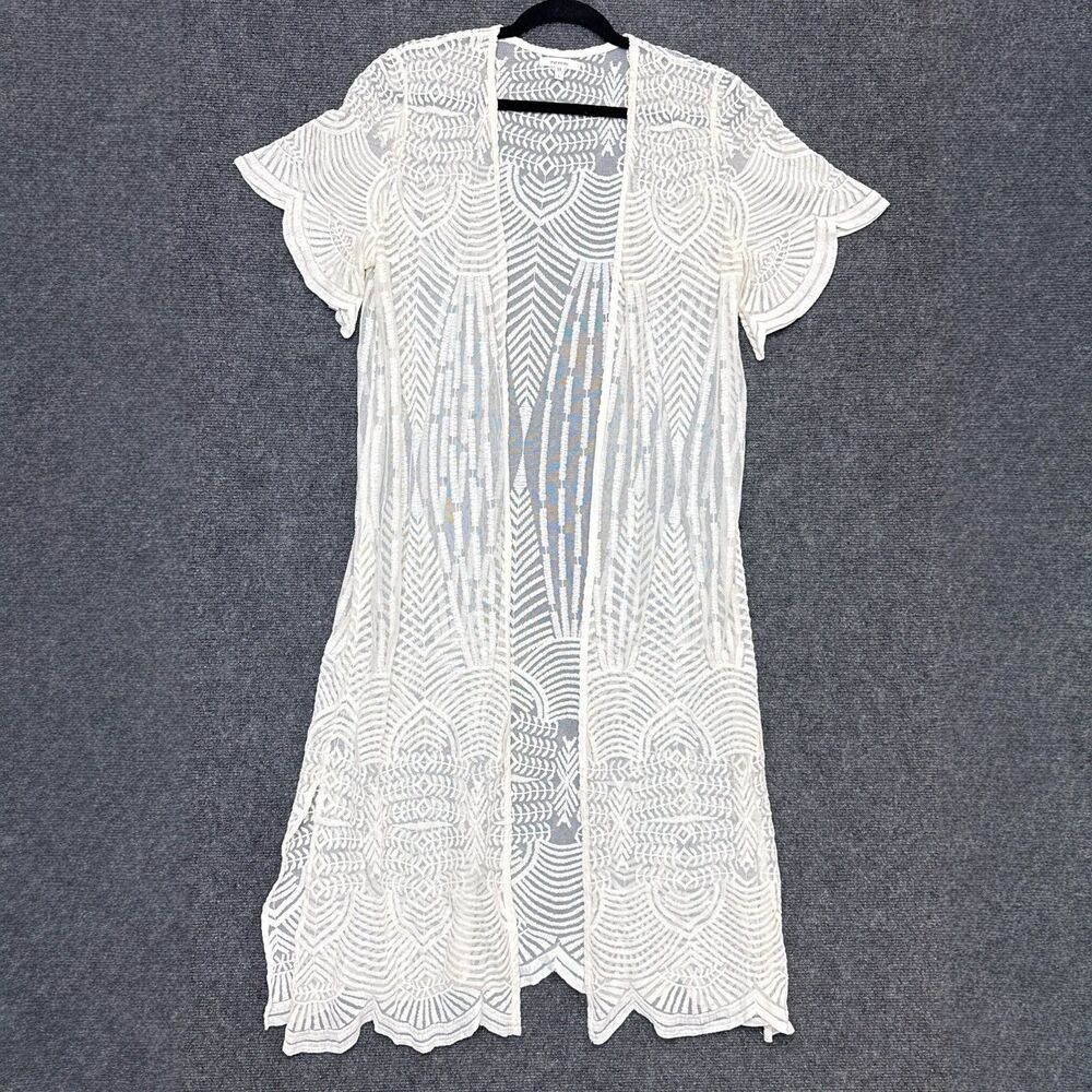 Maurices Lace Duster Cardigan Cover Up Sheer Ivory Short Sleeve Boho Festival L